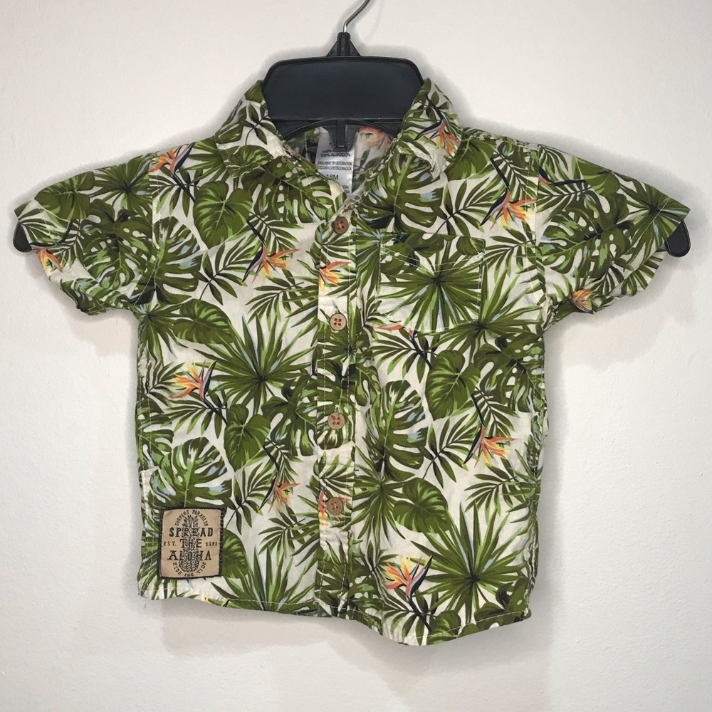 Little lad green leaves and bird of paradise spread the aloha button down shirt